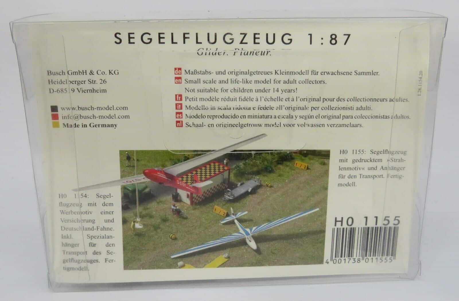 BUSCH 1155 Segelflugzeug mit Anhänger blau H0 Fertigmodell 1:87 